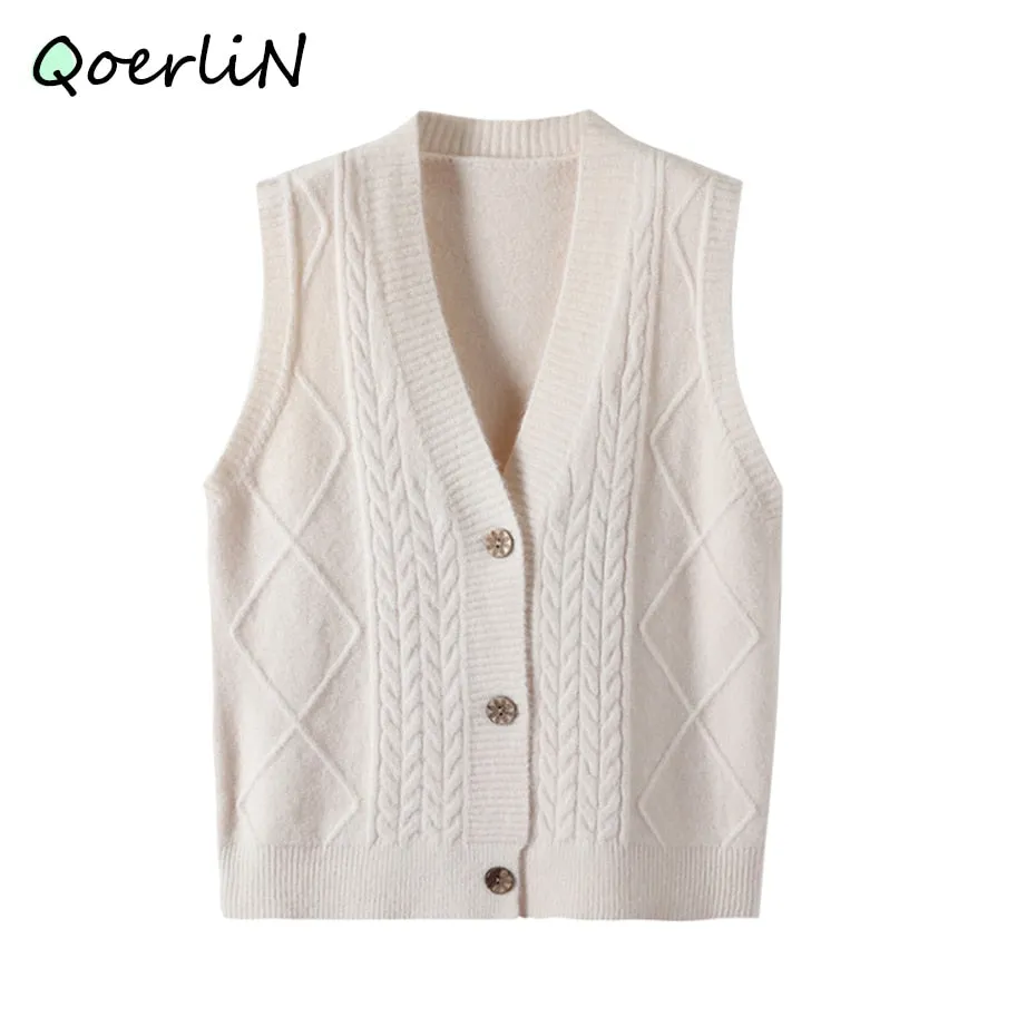 Wenkouban Knitted Cardigans Single-Breasted Sweater Vest Solid Deep V-Neck Sleeveless Women Tank Sweater Casual Waistcoat Outwear