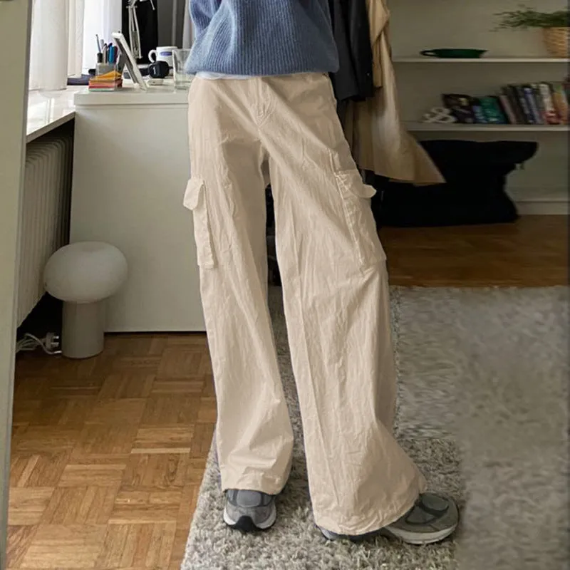 Wenkouban y2k outfits American Street Style Cool Girl Solid Color Multi-Pocket Workwear Knitted Trousers Low Waist Lace-up Loose Straight Casual Pants