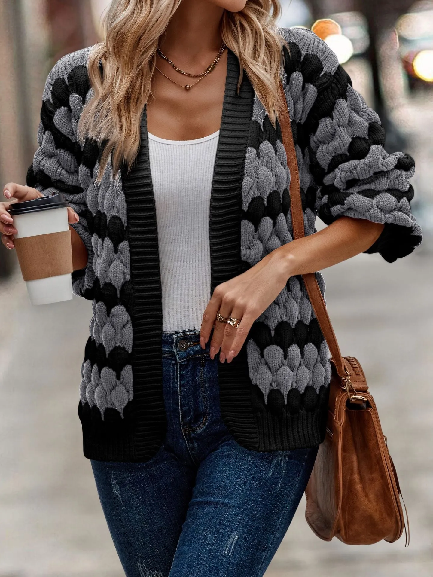 Wjczt sambas outfits New Autumn and Winter Women's Clothing Contrast Color Knitted Women's Cardigan Sweater