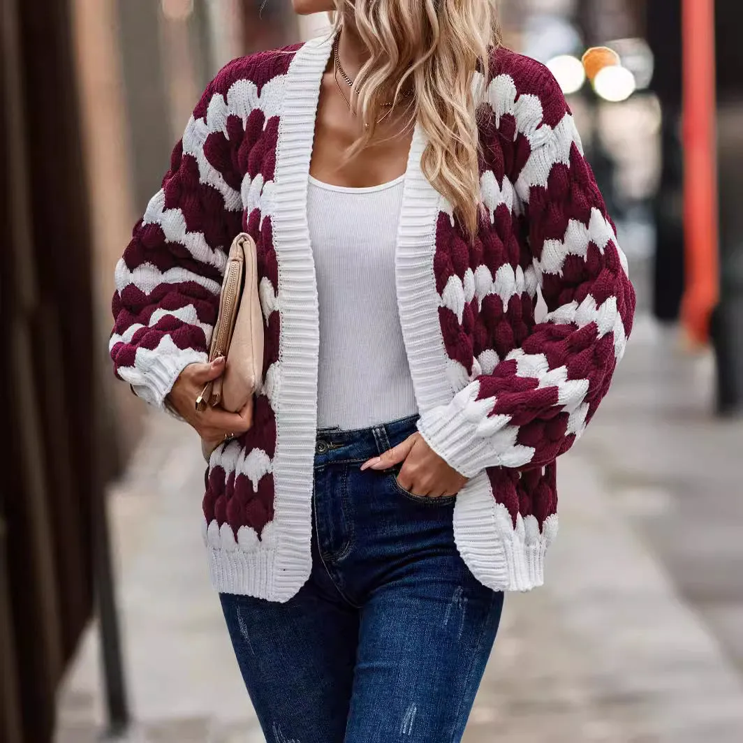 Wjczt sambas outfits New Autumn and Winter Women's Clothing Contrast Color Knitted Women's Cardigan Sweater