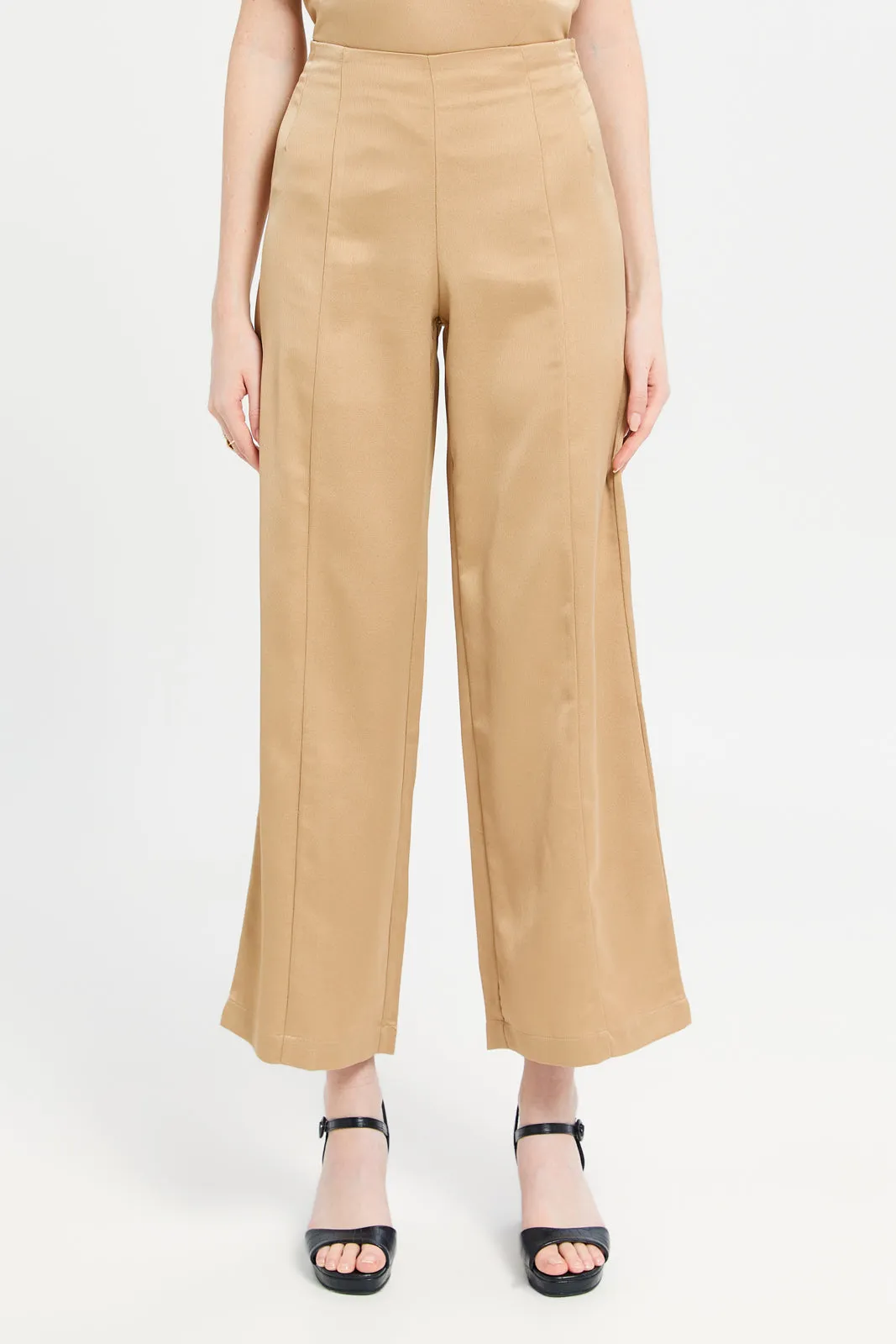 Women Beige Satin High Waisted Wide Leg Pant