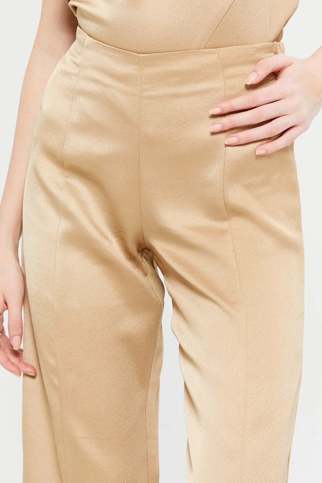 Women Beige Satin High Waisted Wide Leg Pant