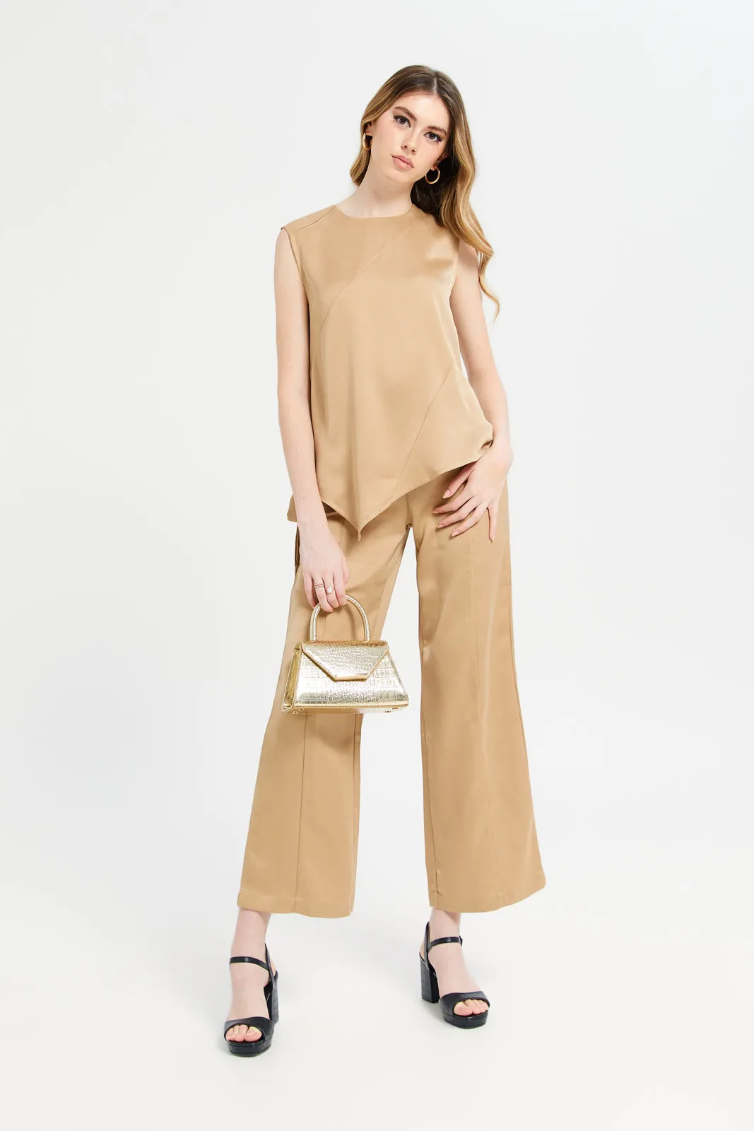 Women Beige Satin High Waisted Wide Leg Pant