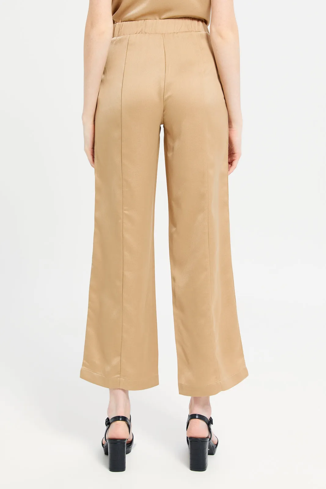 Women Beige Satin High Waisted Wide Leg Pant