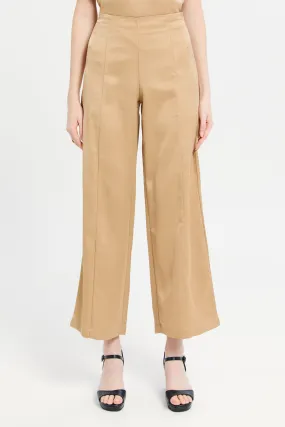 Women Beige Satin High Waisted Wide Leg Pant