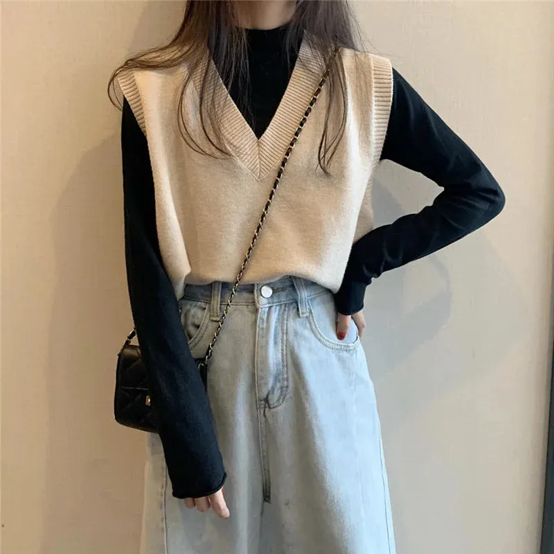 Women Knitted Sweater Vest 2022 Spring Autumn Short Loose Vintage Sweater Sleeveless Girls V-Neck Pullover Tops Female Outerwear