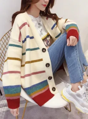 Women Loose Sweater Long Stripe Knit Cardigan