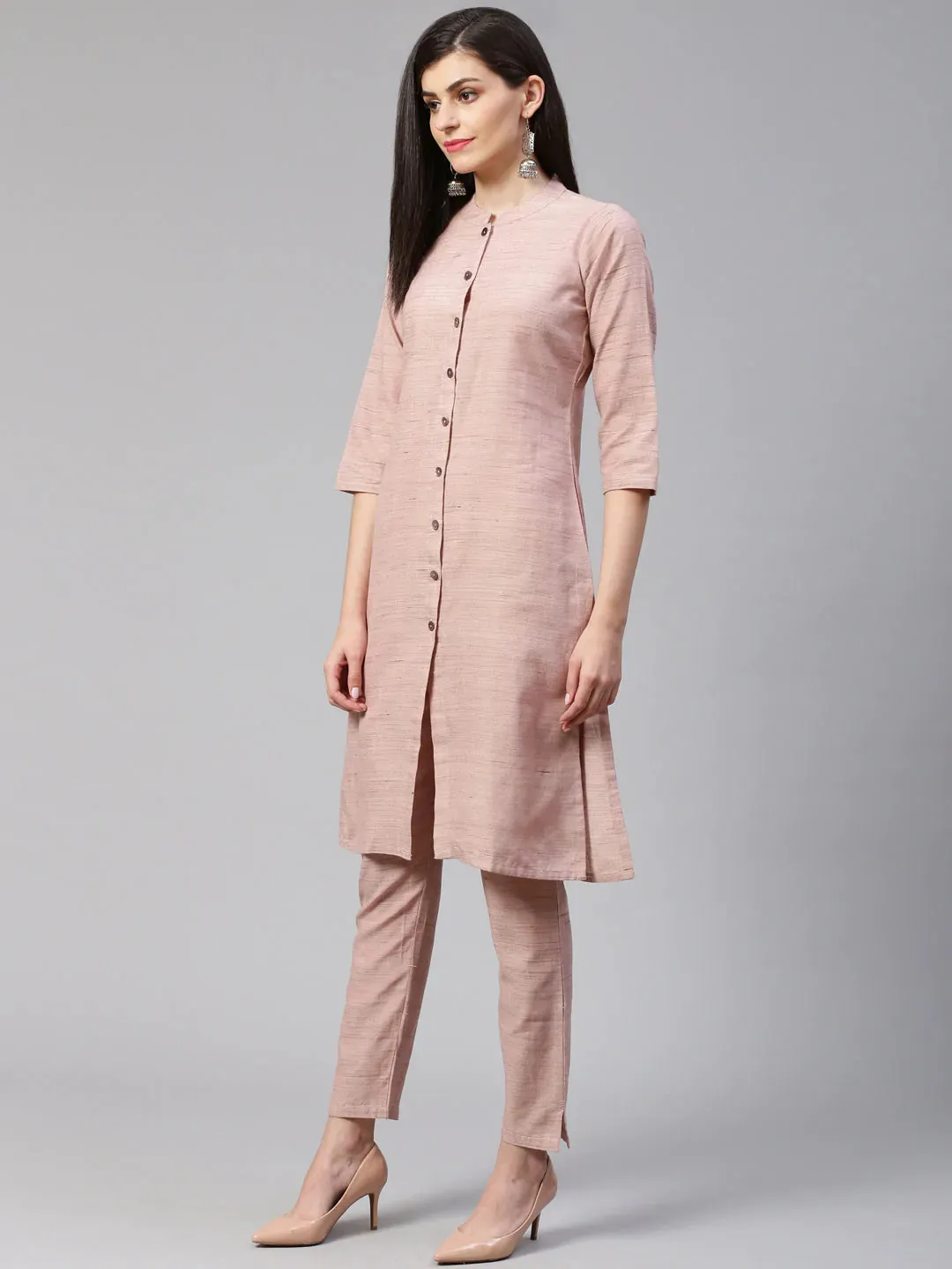 Women Pink Woven Design Kurta With Trousers