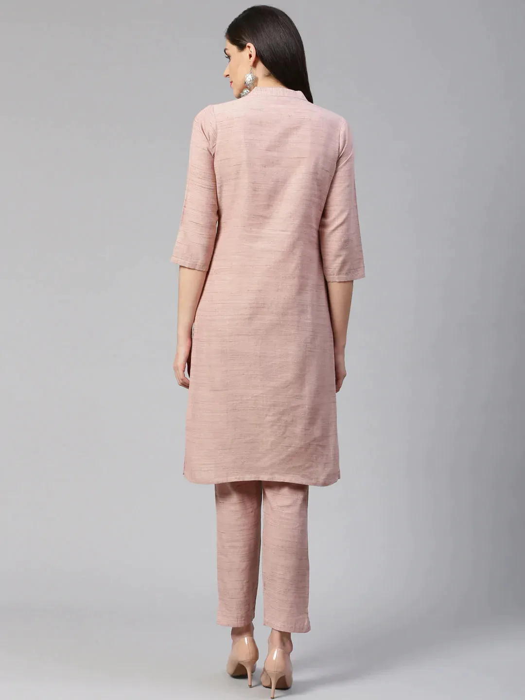 Women Pink Woven Design Kurta With Trousers