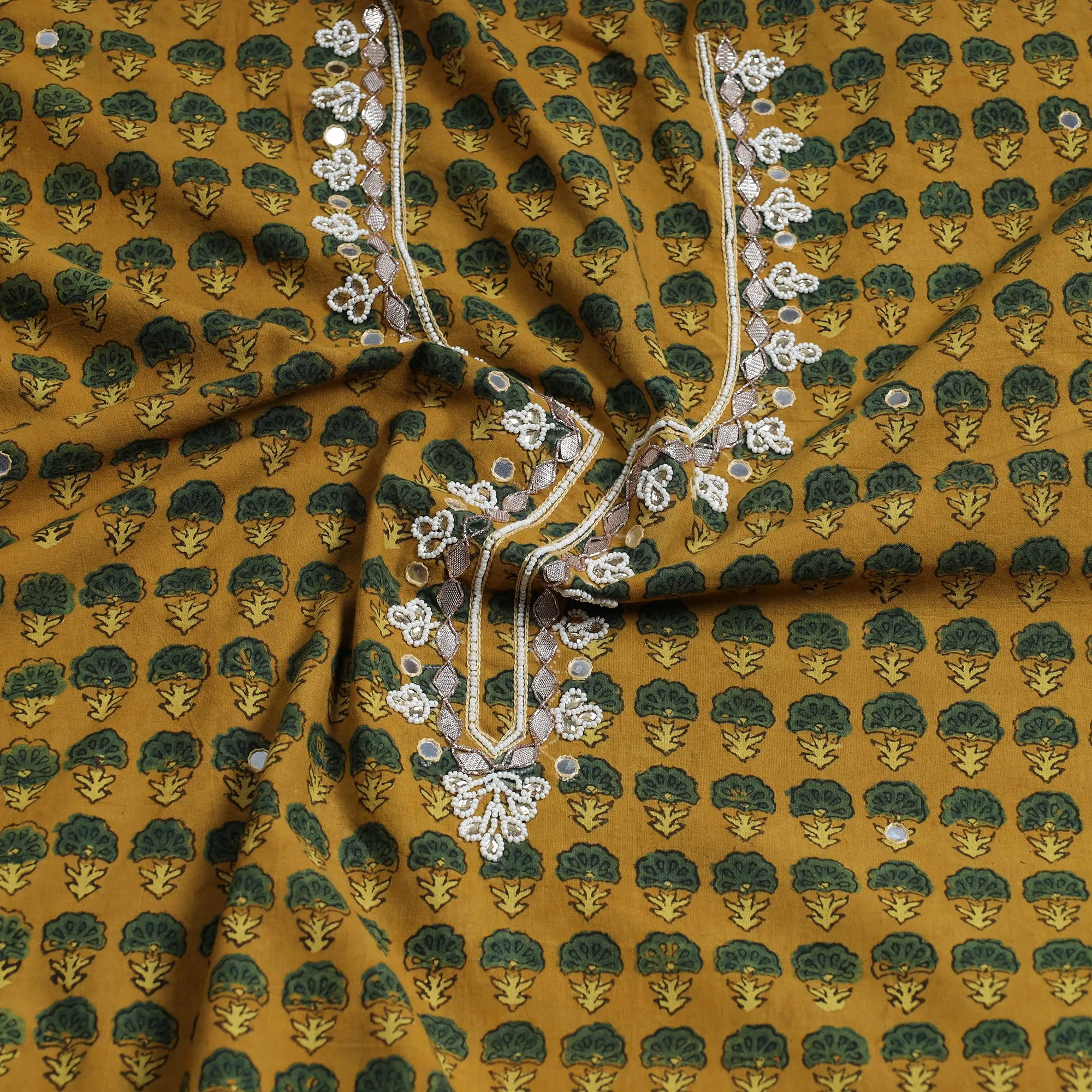 Yellow - Gota Patti & Bead Work Embroidery Ajrakh Block Printed Cotton Kurta Material - 2.5 meter