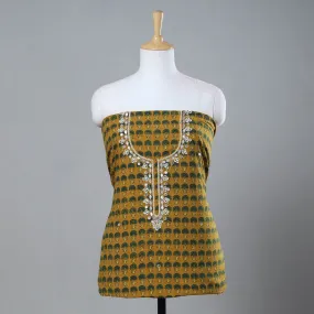 Yellow - Gota Patti & Bead Work Embroidery Ajrakh Block Printed Cotton Kurta Material - 2.5 meter