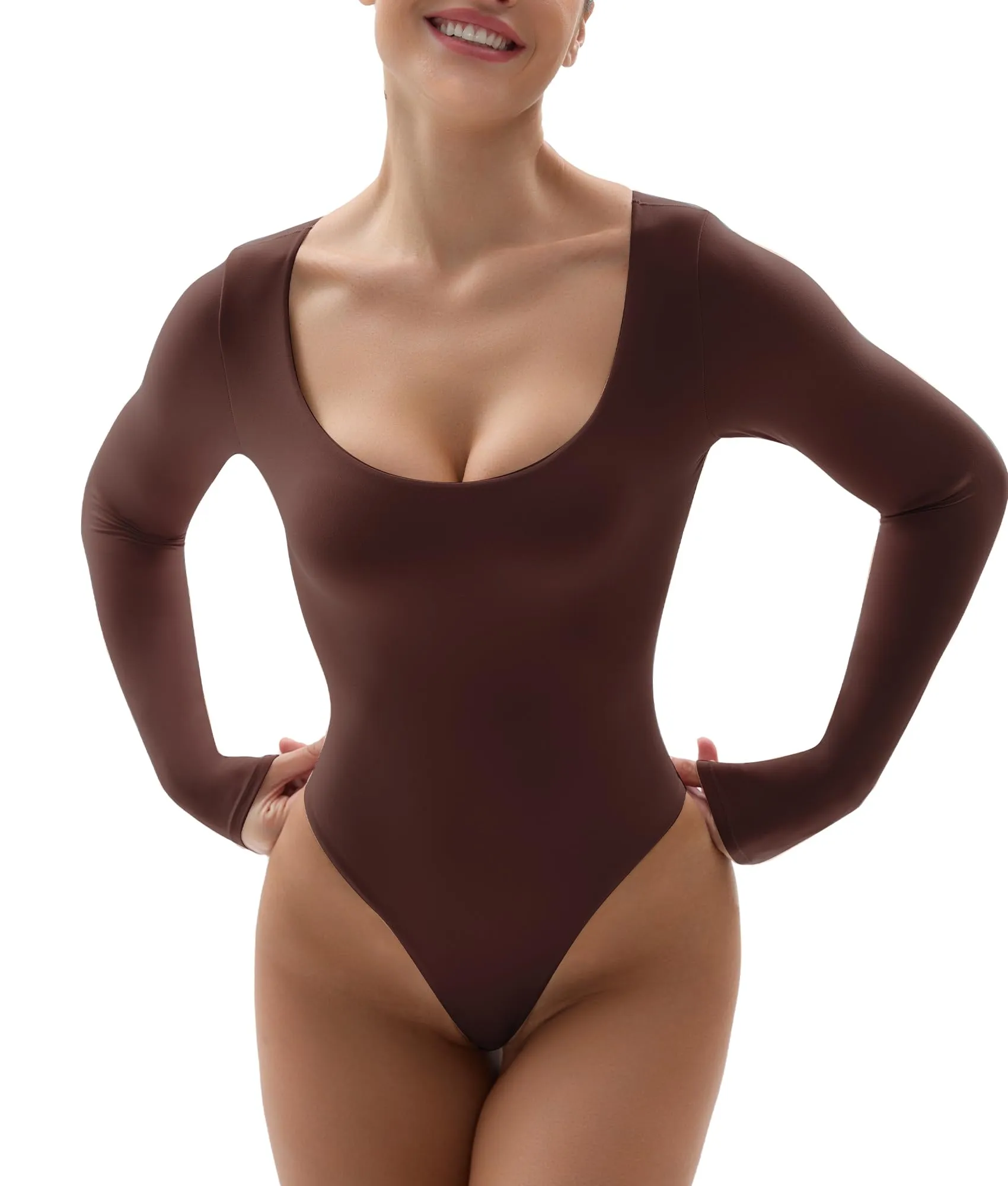 YIANNA Long Sleeve Bodysuit for Women Scoop Neck Womens Fitted Going Out Tops Sexy Body-hugging Thong Bodysuit