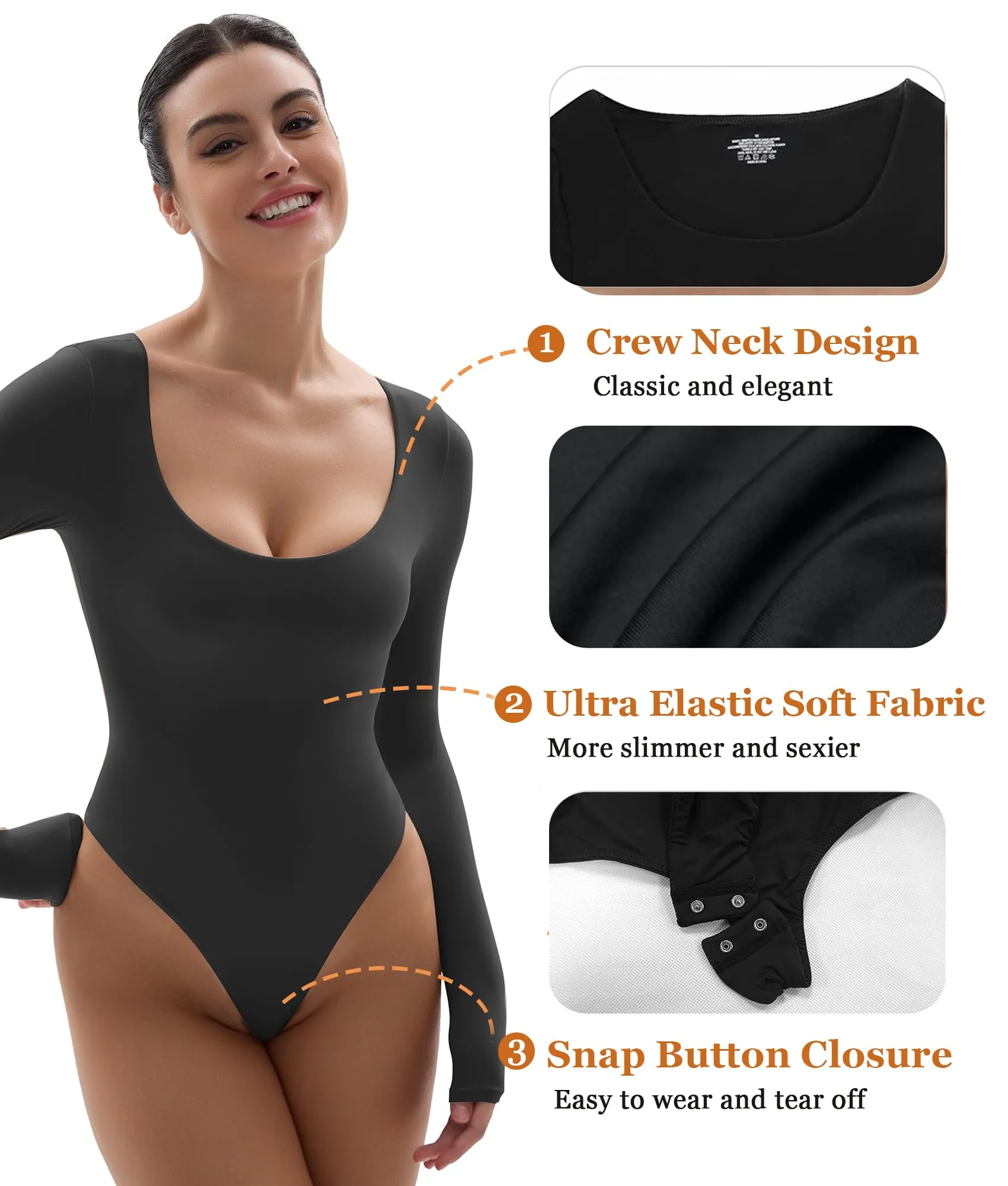 YIANNA Long Sleeve Bodysuit for Women Scoop Neck Womens Fitted Going Out Tops Sexy Body-hugging Thong Bodysuit