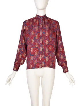 Yves Saint Laurent Vintage 1970s Maroon Blue Gold Metallic Paisley Silk Jacquard Shirt